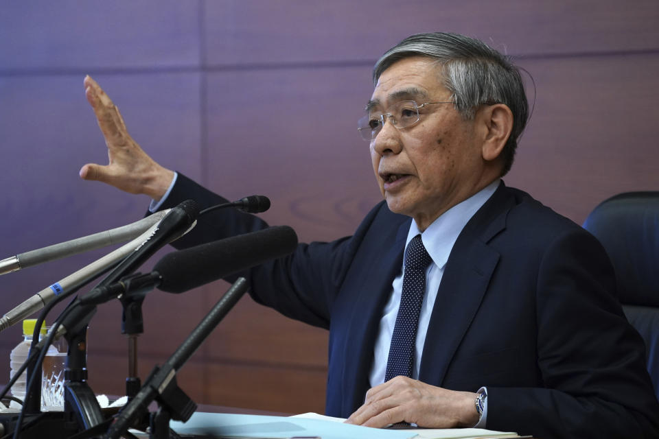 Bank of Japan Gov. Haruhiko Kuroda speaks during a news conference in Tokyo Monday, March 16, 2020. Japan's central bank took emergency action Monday to help support the economy following the U.S. Federal Reserve's decision to cut its benchmark interest rate to nearly 0%. (AP Photo/Eugene Hoshiko)