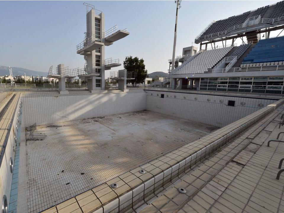 a practice pool at the aquatic center has been drained