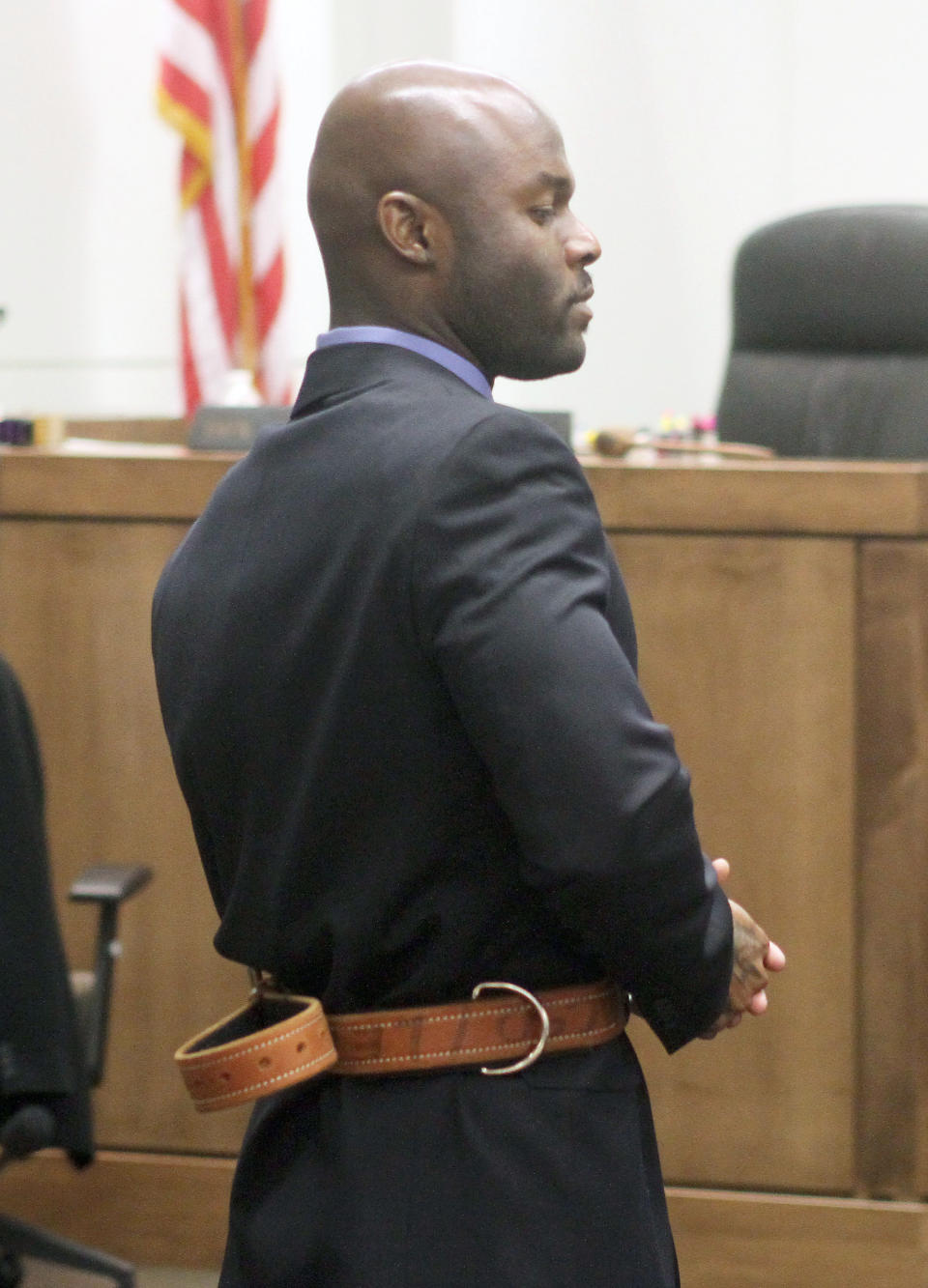 Arthur Morgan III stands in a court room in Freehold, N.J. on the first day of his trial for the murder of his daughter Tierra Morgan-Glover, Wednesday, March 12, 2014. (AP Photo/Asbury Park Press, Tom Spader, Pool)