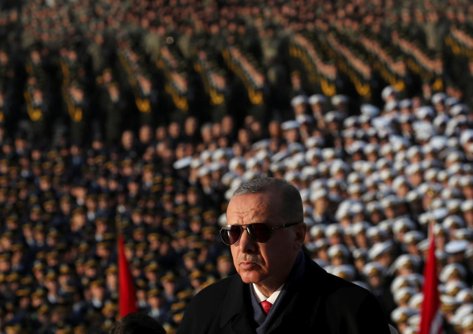 Turkish President Tayyip Erdogan attends a ceremony as he is flanked by top officials and army officers at the mausoleum of Mustafa Kemal Ataturk, marking Ataturk's death anniversary, in Ankara, Turkey November 10, 2018. REUTERS/Umit Bektas TPX IMAGES OF THE DAY