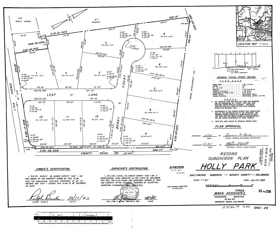 A 1985 Holly Park plan shows the previous borders of Melissa Schrock's property, Lot 1, and Burton Banks' property, Lot 2. Schrock gained the title to Lot 2 after taking an adverse possession claim to court.