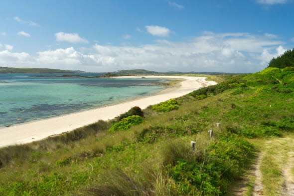 The path Pentle Bay beach, Tresco Isles of Scilly.  Cornwall UK.