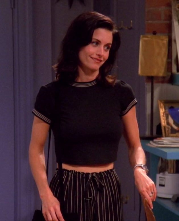 Monica wearing a crop top and loose, striped pants