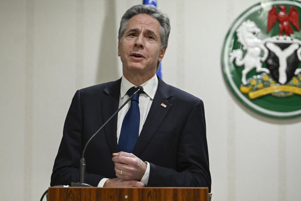 US Secretary of State Antony Blinken speaks during a press conference with Minister of Foreign Affairs of Nigeria Yusuf Tuggar at the Presidential Villa in Abuja, Tuesday, Jan. 23, 2024. (Andrew Caballero-Reynolds/Pool Photo via AP)