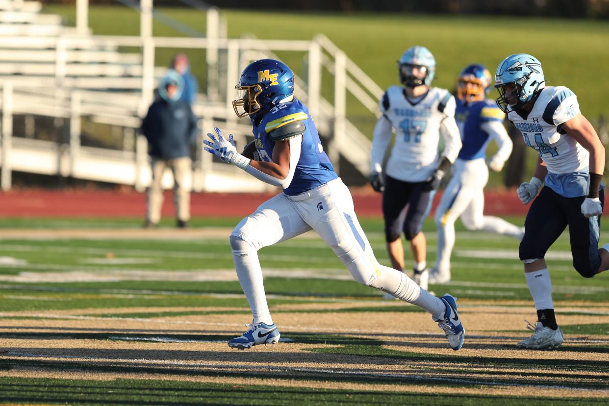 Jaden Branch breaks through the Indian River defense to score for Maine-Endwell in a 41-14 win over Indian River in a NYSPHSAA Class B state quarterfinal Nov. 18, 2023 at Vestal.