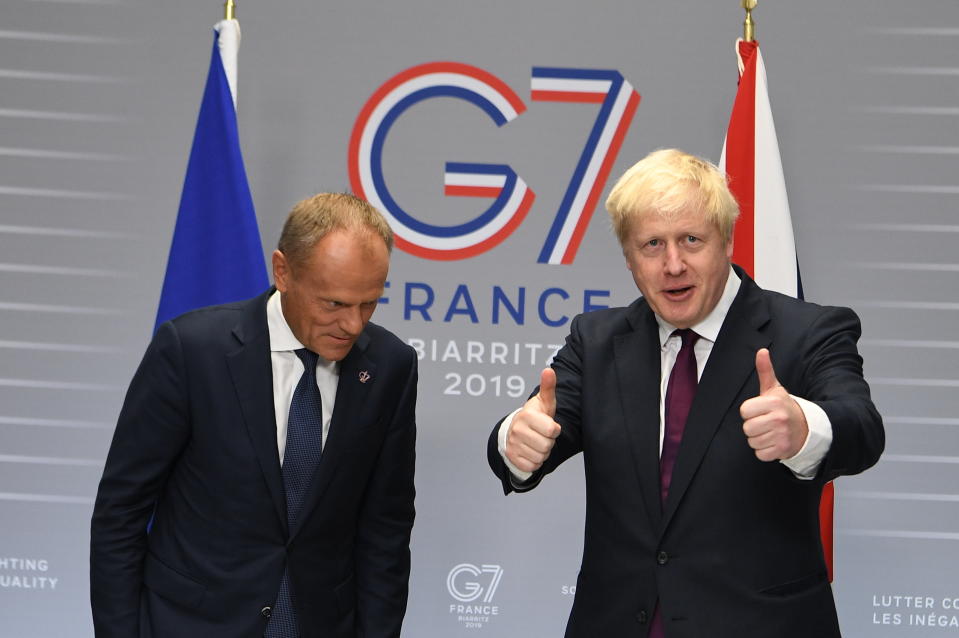 BIARRITZ, FRANCE - AUGUST 25: Britain's Prime Minister, Boris Johnson meets with President of the European Council, Donald Tusk at the G7 summit on August 25, 2019 in Biarritz, France. The French southwestern seaside resort of Biarritz is hosting the 45th G7 summit from August 24 to 26. High on the agenda will be the climate emergency, the US-China trade war, Britain's departure from the EU, and emergency talks on the Amazon wildfire crisis. (Photo by Andrew Parsons - Pool/Getty Images)