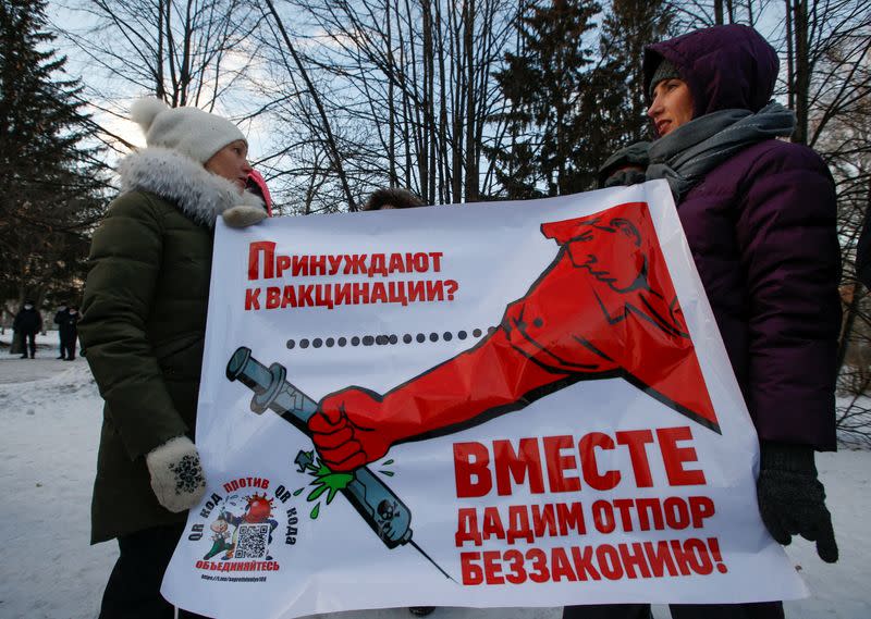 People protest against COVID-19 vaccination and QR codes proving immunity status, in Yekaterinburg