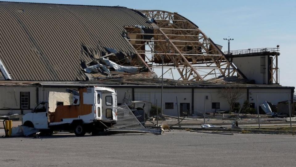 A damaged hangar at the Tyndall Air Force Base