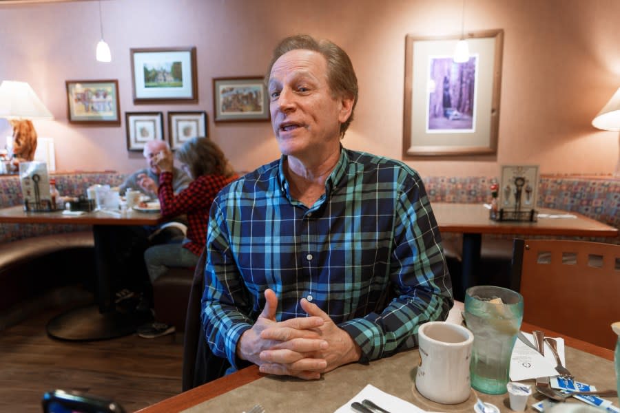 Walnut Creek Councilmember, Kevin Wilk, speaks at ButtercuP in Walnut Creek, Calif., on Dec. 14, 2023 about his recent climb to the Mount Everest South Base Camp at 17,598″ in Nepal. Wilk left on Oct. 26 and returned on Nov. 18, 2023 with the ascent taking nine days and decent five days. He was on the mountain for a total of 15 days. (Kevin Wilk via Bay City News)