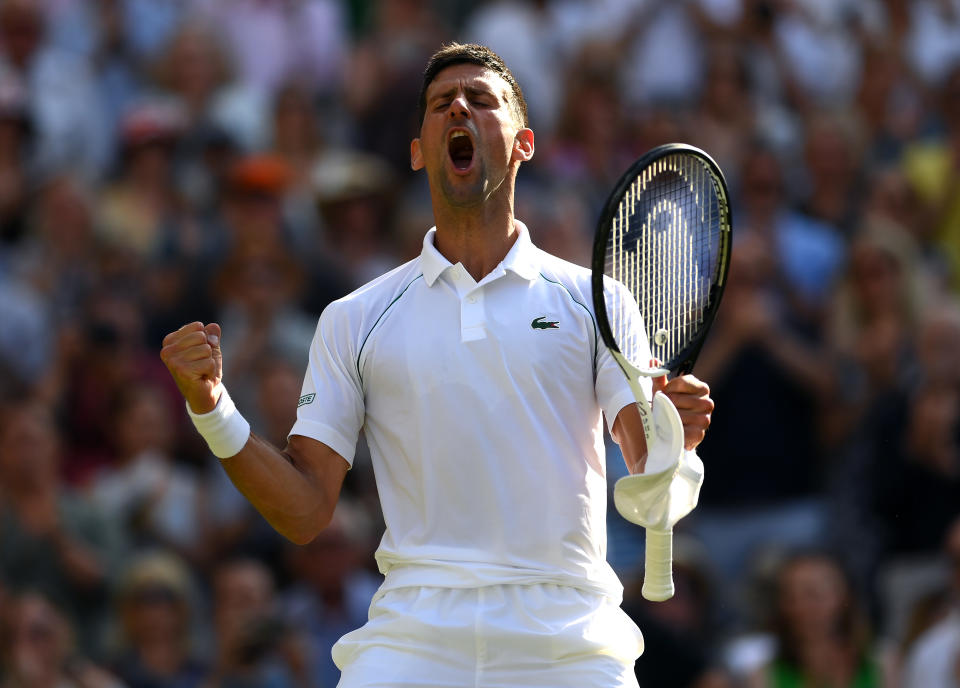 Seen here, Novak Djokovic celebrating match point against Cameron Norrie in the Wimbledon semi-finals. 