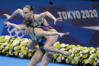 <p>Vasilina Khandoshka and Daria Kulagina of Belarus compete in the Free Routine Final at the 2020 Summer Olympics, Wednesday, Aug. 4, 2021, in Tokyo, Japan. (AP Photo/Dmitri Lovetsky)</p> 