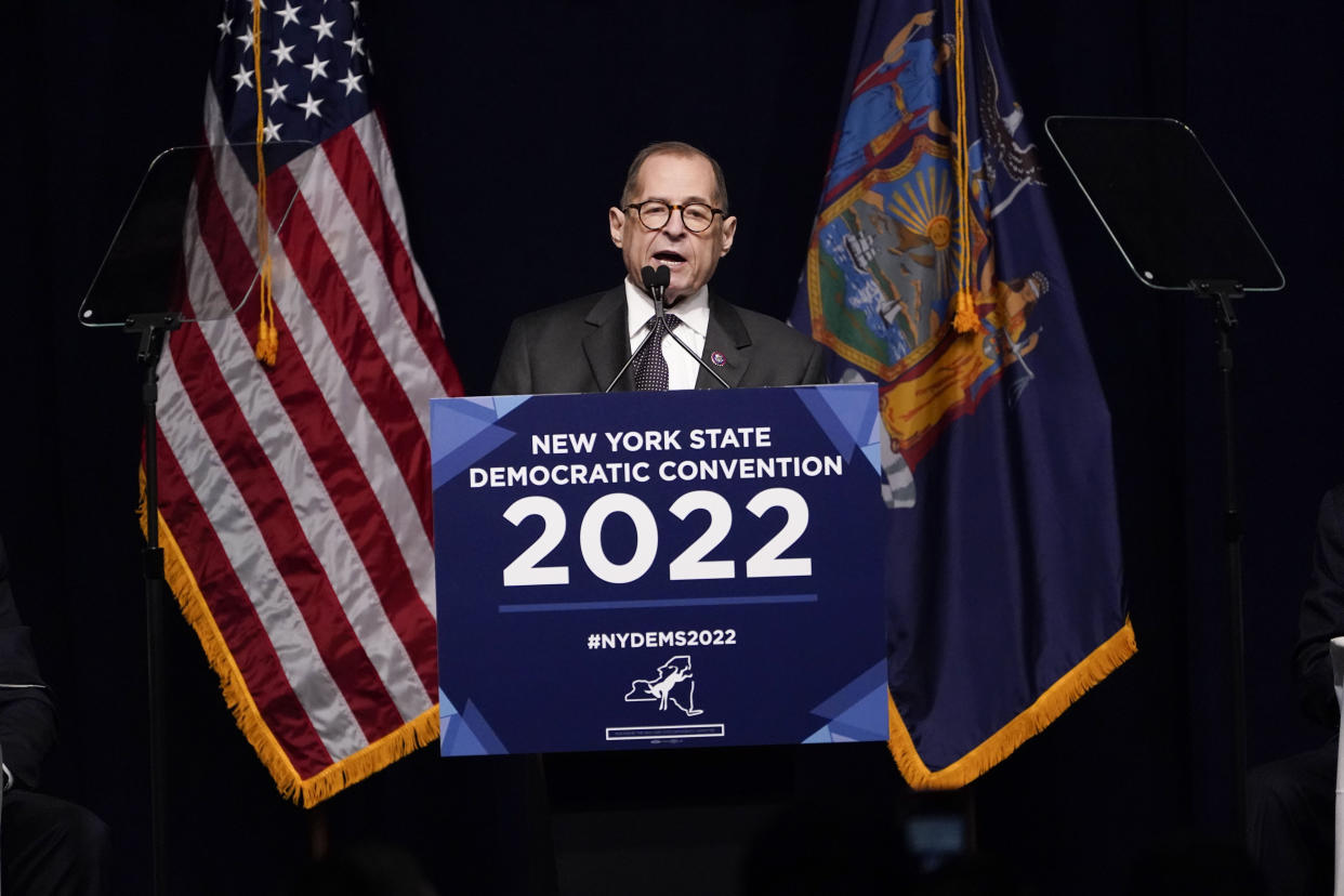 Rep. Jerry Nadler speaks at a podium at the New York State Democratic Convention in February
