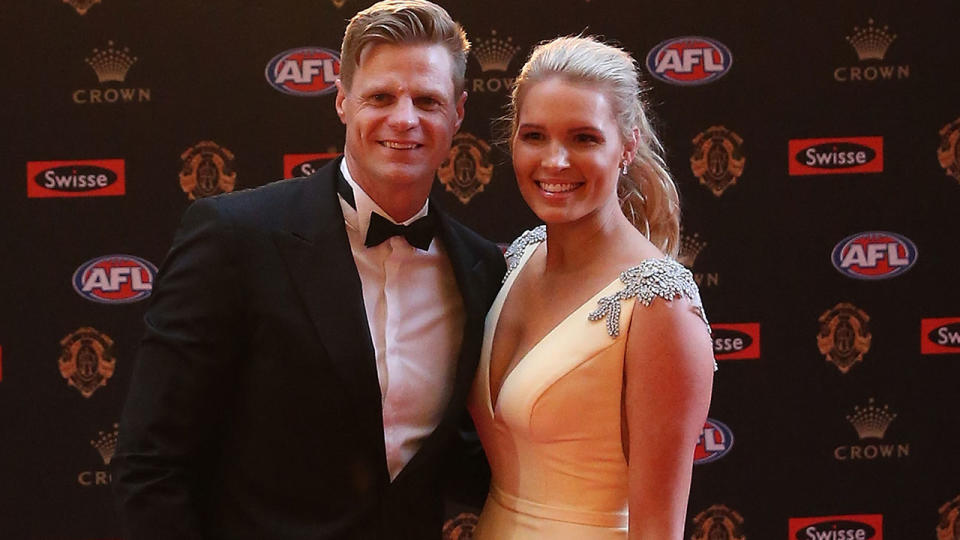 MELBOURNE, AUSTRALIA – SEPTEMBER 25: Nick Riewoldt and wife Catherine Riewoldt arrive ahead of the 2017 Brownlow Medal at Crown Entertainment Complex on September 25, 2017 in Melbourne, Australia. (Photo by Scott Barbour/Getty Images)