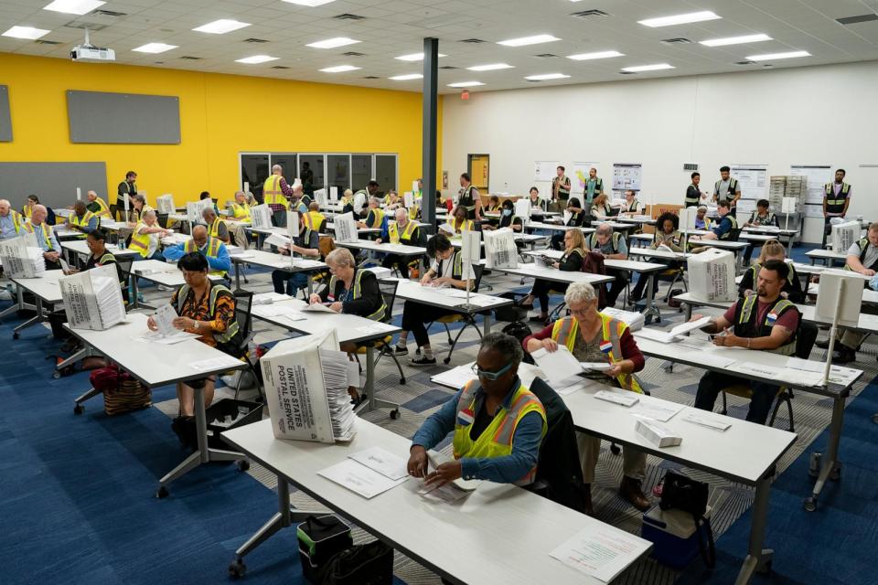 PHOTO: Absentee ballots are prepared to be mailed at the Wake County Board of Elections on Sept. 17, 2024 in Wilmington, N.C. (Allison Joyce/Getty Images)