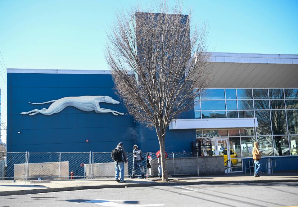 The Greyhound Bus station is located on 709 Rep. John Lewis Way S in Nashville, Tenn., pedestrians stand outside for their bus to arrive, Thursday, January 5, 2023. 