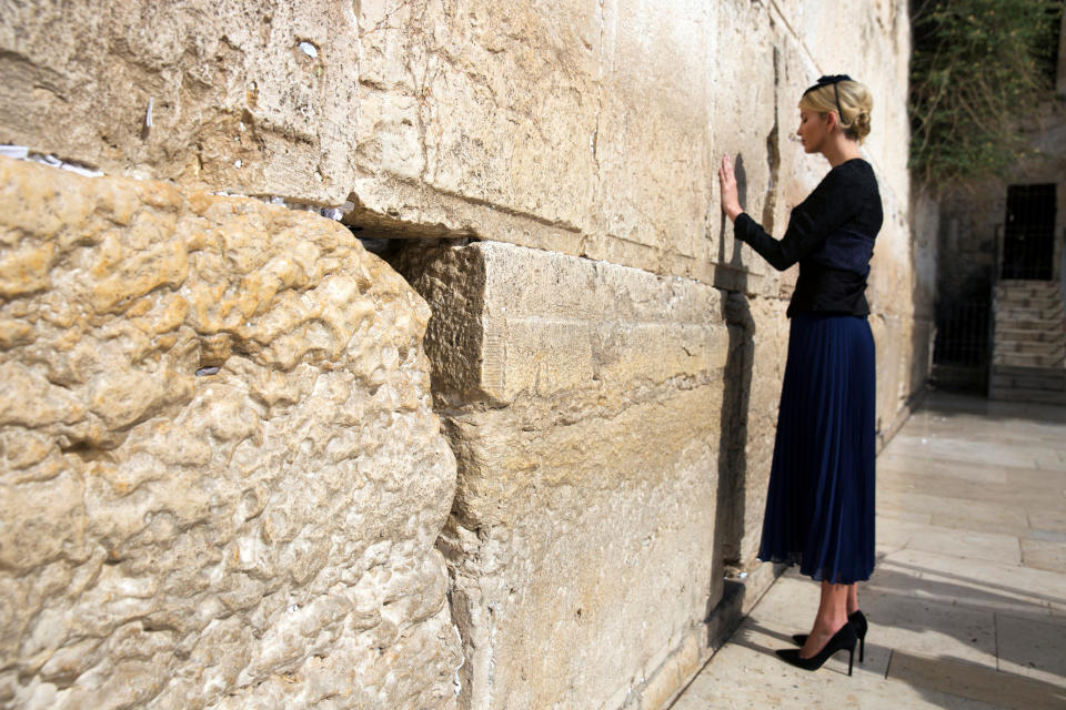 Ivanka Trump prays as she touches the Western Wall, Judaism's holiest prayer site, in Jerusalem's Old City May 22, 2017. (Photo: POOL New / Reuters)