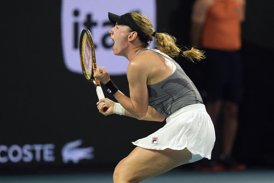 Ekaterina Alexandrova of Russia celebrates after defeating Jessica Pegula during the Miami Open tennis tournament, Wednesday, March 27, 2024, in Miami Gardens, Fla. (AP Photo/Marta Lavandier)