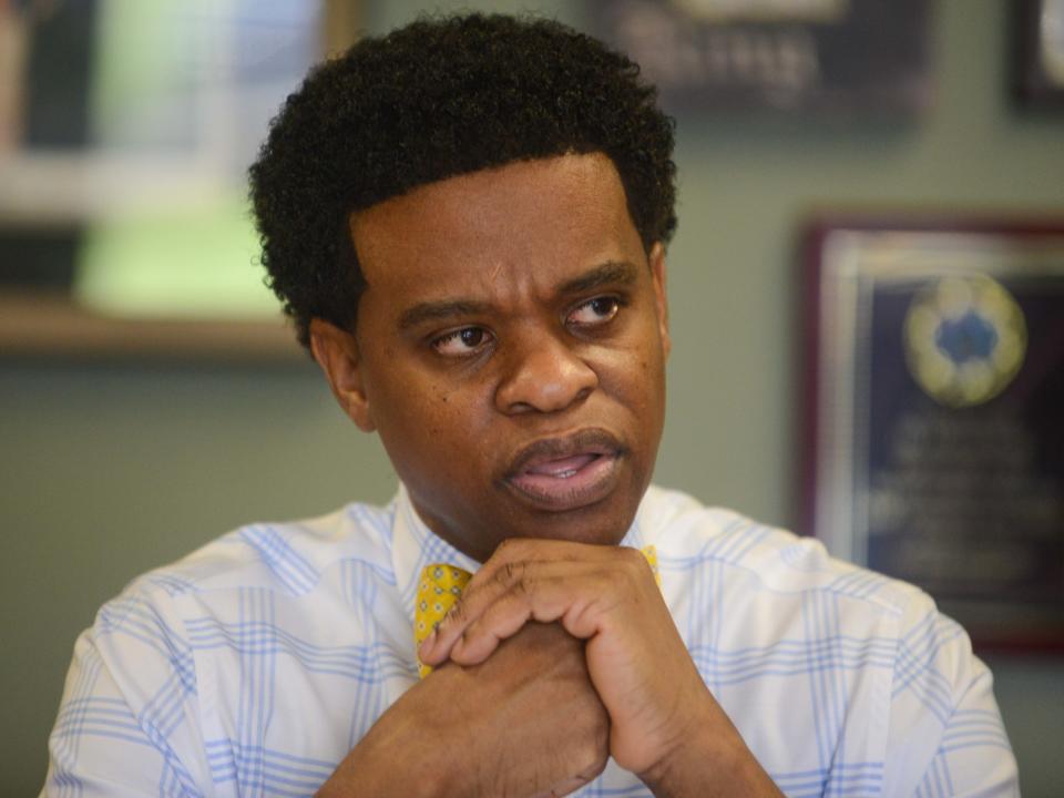 Jackson-Madison County Superintendent Dr. Marlon King speaks with Jackson Sun reporter Sarah Best concerning his opinions on a recent bill allowing Tennessee teachers to posses firearms inside the JMCSS Office in Jackson, Tenn., on Monday, May 5, 2024.