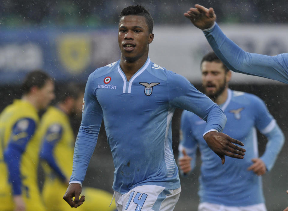 Lazio's Balde Diao Keita of Senegal celebrates after scoring a goal during their Serie A soccer match against Chievo, at Verona's Bentegodi stadium, Italy, Sunday, Feb. 2, 2014. (AP Photo/Marco Vasini)