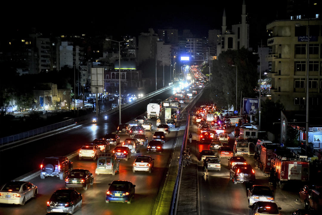 Vehicles move along a congested highway along the southern entry to Beirut on September 23, 2024. Israeli air strikes killed at least 356 people, including 24 children, in Lebanon on September 23, the Lebanese government said, in the deadliest cross-border escalation since the Gaza war erupted in October 2023. Arab states sharply condemned Israel over the sharpest escalation in nearly a year of Israel-Hezbollah hostilities. (Photo by Fadel ITANI / AFP) (Photo by FADEL ITANI/AFP via Getty Images)