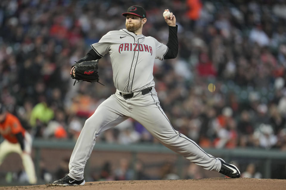 Arizona Diamondbacks pitcher Jordan Montgomery works against the San Francisco Giants during the second inning of a baseball game in San Francisco, Friday, April 19, 2024. (AP Photo/Jeff Chiu)