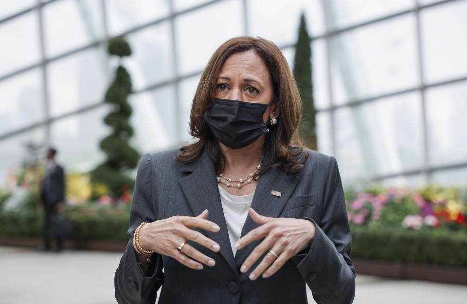 U.S. Vice President Kamala Harris takes questions from reporters as she visits the Flower Dome at Gardens by the Bay, following her foreign policy speech in Singapore, Tuesday, Aug. 24, 2021. (Evelyn Hockstein/Pool Photo via AP)