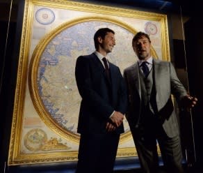 Russell Crowe and Ryan Stokes with the Fra Mauro map. Picture: Lukas Coch/AAP