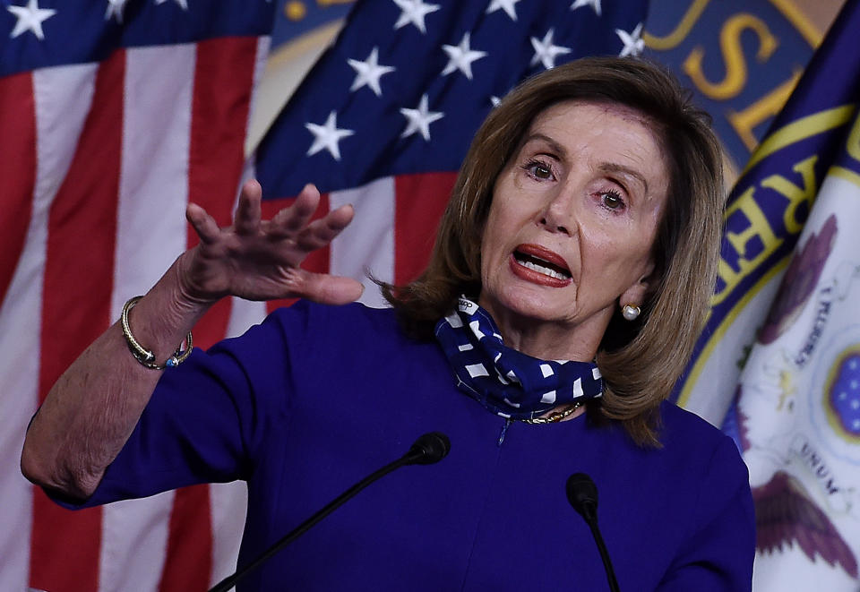 US Speaker of the House Nancy Pelosi (D-CA) speaks to reporters during her weekly press conference at the US Capitol on August 27, 2020 in Washington, DC. (Photo by Olivier DOULIERY / AFP) (Photo by OLIVIER DOULIERY/AFP via Getty Images)