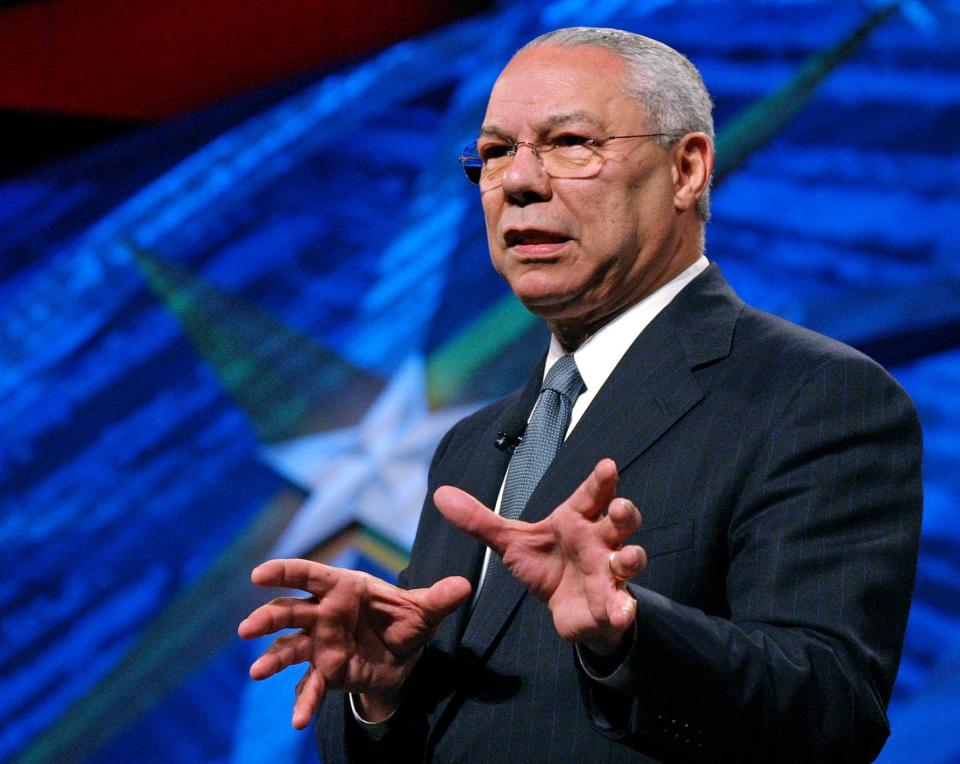 FILE - In this May 5, 2006 file photo, former Secretary of State Colin Powell gives the closing keynote at the World Congress of Information Technology in Austin, Texas.  Powell, former Joint Chiefs chairman and secretary of state, has died from COVID-19 complications. In an announcement on social media Monday, the family said Powell had been fully vaccinated. He was 84. (AP Photo/Jack Plunkett) ORG XMIT: WX116