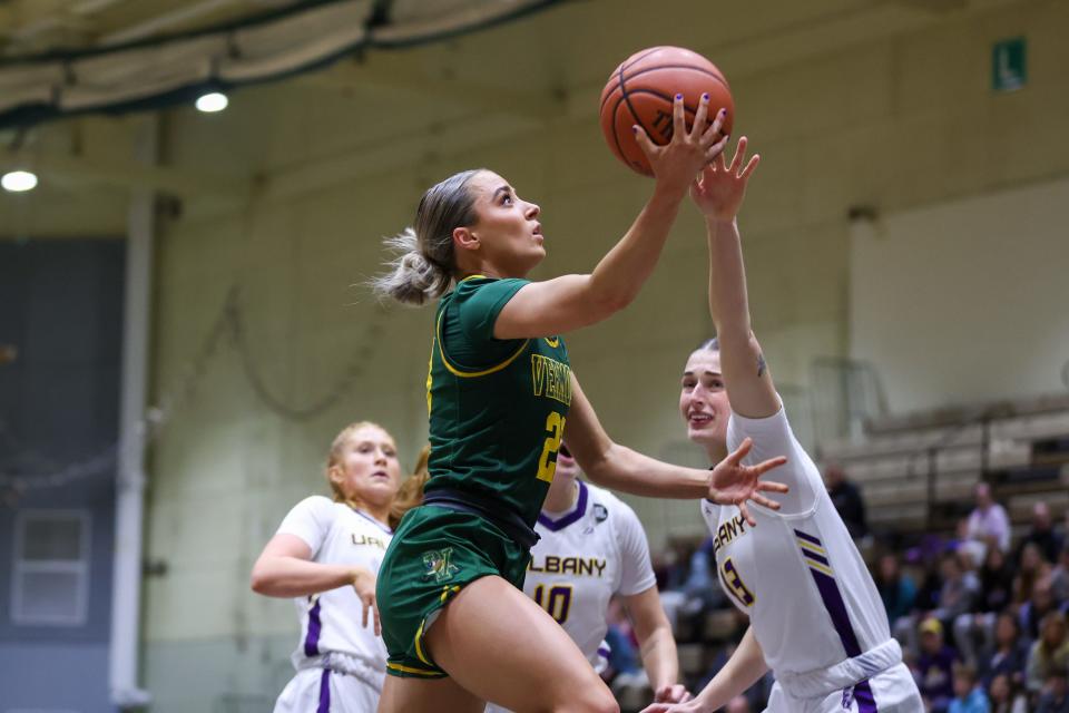 Emma Utterback drives in the lane during the Catamounts 60-46 loss to Albany.