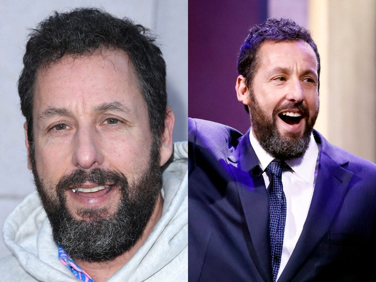Adam Sandler at the Los Angeles Premiere Of Netflix's "Murder Mystery 2" at Regency Village Theatre on March 28, 2023, and onstage at the 24th Annual Mark Twain Prize For American Humor at The Kennedy Center on March 19, 2023 in Washington, DC.