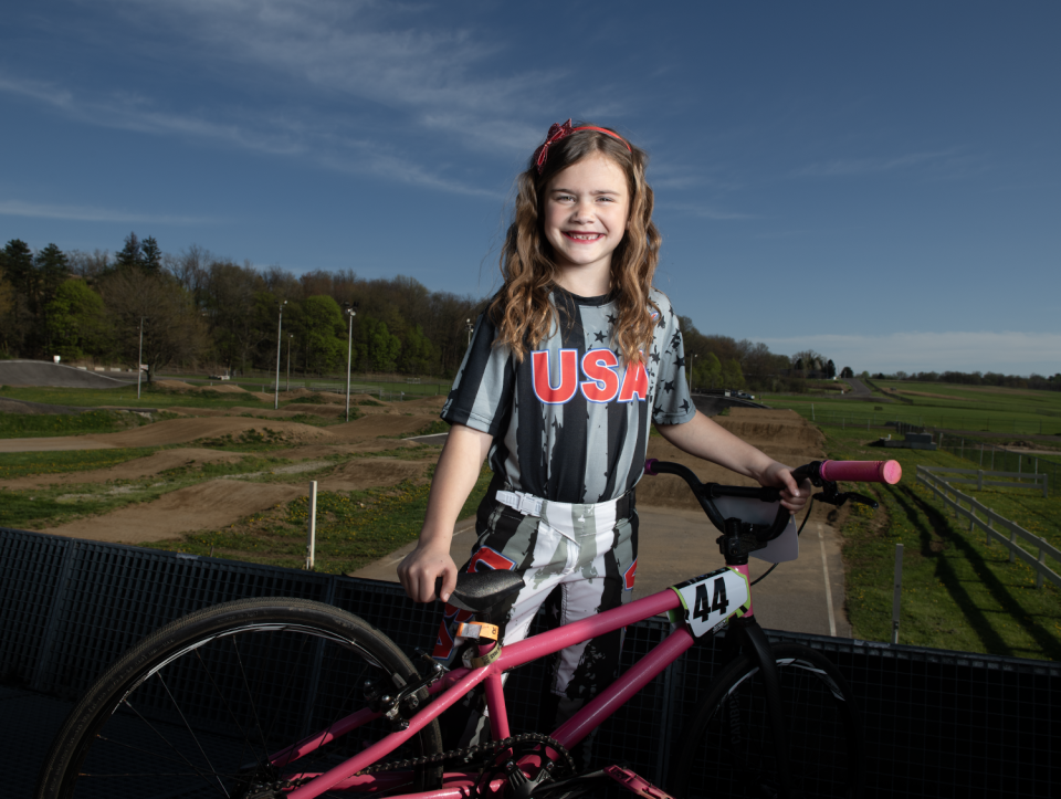 Mia Colston, 7, at Akron BMX on Thursday, April 18.