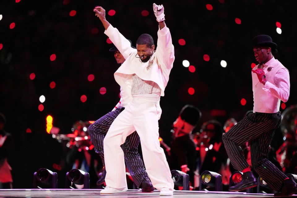 Recording artist Usher performs during the halftime show of Super Bowl LVIII at Allegiant Stadium in Paradise, Nevada, on Feb. 11, 2024.