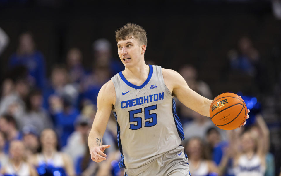 Creighton's Baylor Scheierman drives down court against Georgetown during the second half of an NCAA college basketball game ,Tuesday, Feb. 13, 2024, in Omaha, Neb. (AP Photo/Rebecca S. Gratz)