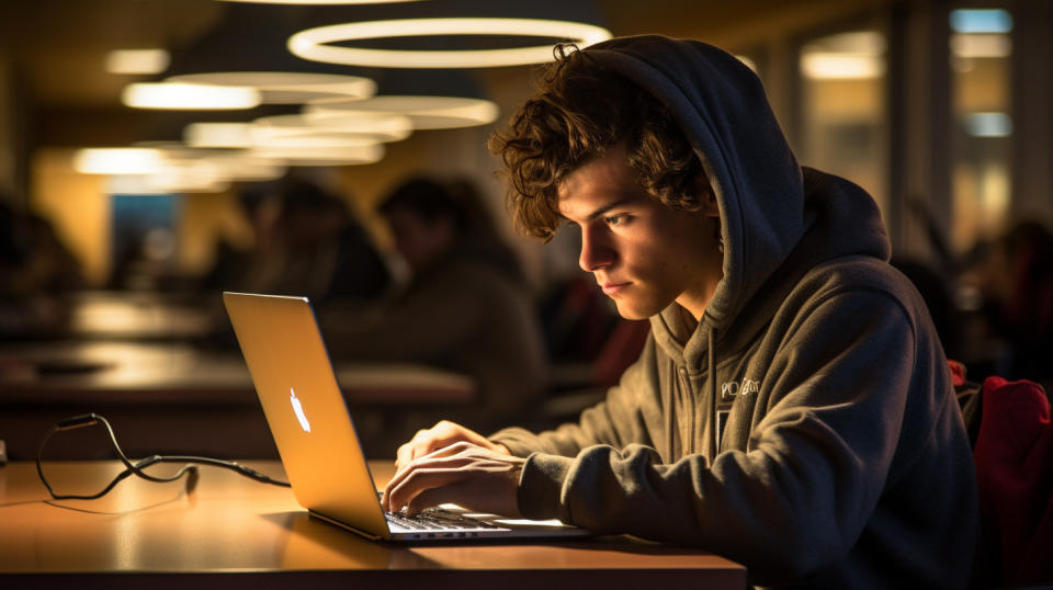 A student in a classroom with a computer, reflecting the technology degree programs offered.