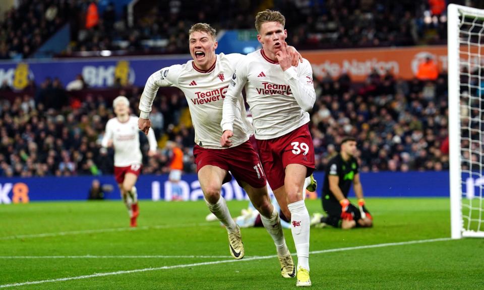 <span>Scott McTominay (right) celebrates with Rasmus Højlund after McTominay’s late headed winner.</span><span>Photograph: David Davies/PA</span>