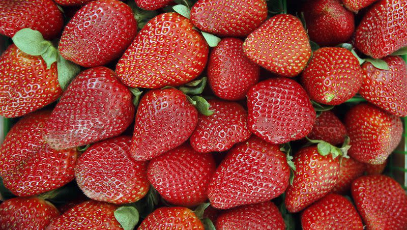 Fresh strawberries at the CJJ Farms stand at the Old Oakland Farmers’ Market in Oakland, Calif. on Feb. 3, 2006. Select frozen strawberry products have been recalled due to a possible hepatitis A contamination.