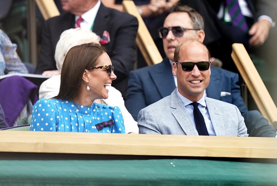 The Duke and Duchess of Cambridge were seen laughing in the Royal Box ahead of the men's singles quarter final match on Wimbledon day nine. (Getty Images)