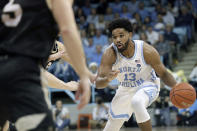North Carolina's Jeremiah Francis (13) drives in against Wofford during the first half of an NCAA college basketball game in Carmichael Arena in Chapel Hill, N.C., Sunday, Dec. 15, 2019. (AP Photo/Chris Seward)