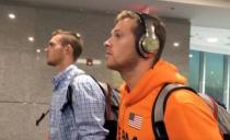 U.S. Swimmers Jack Conger and Gunnar Bentz arrive on an overnight flight from Brazil to Miami in Miami, in this still frame taken from video dated August 19, 2016. REUTERS/Cassandra Garrison via Reuters TV