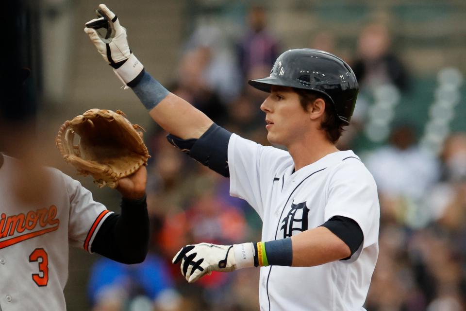 Tigers third baseman Nick Maton celebrates after he hit a double in the second inning against the Orioles on Sunday, April 30, 2023, at Comerica Park.