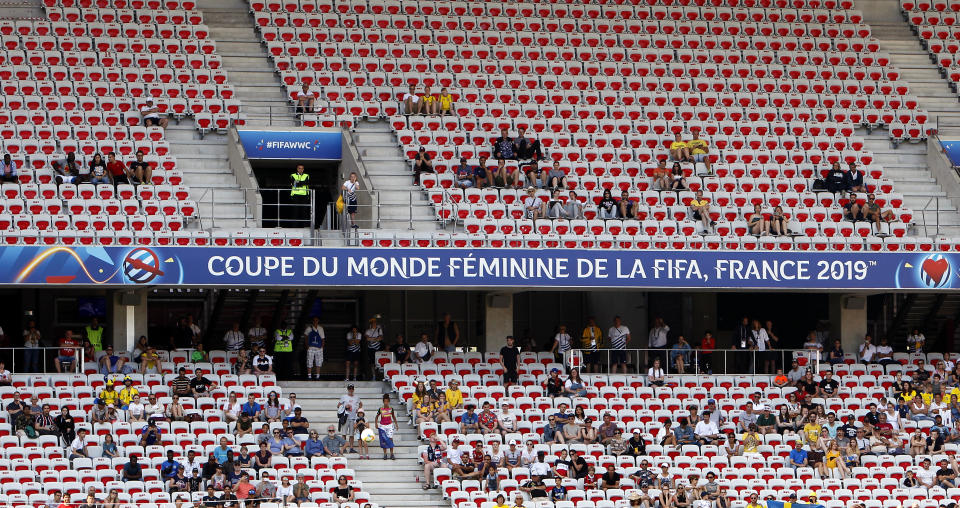 Spectators follow the Women's World Cup Group F soccer match between Sweden and Thailand at the Stade de Nice in Nice, France, Sunday, June 16, 2019. (AP Photo/Claude Paris)
