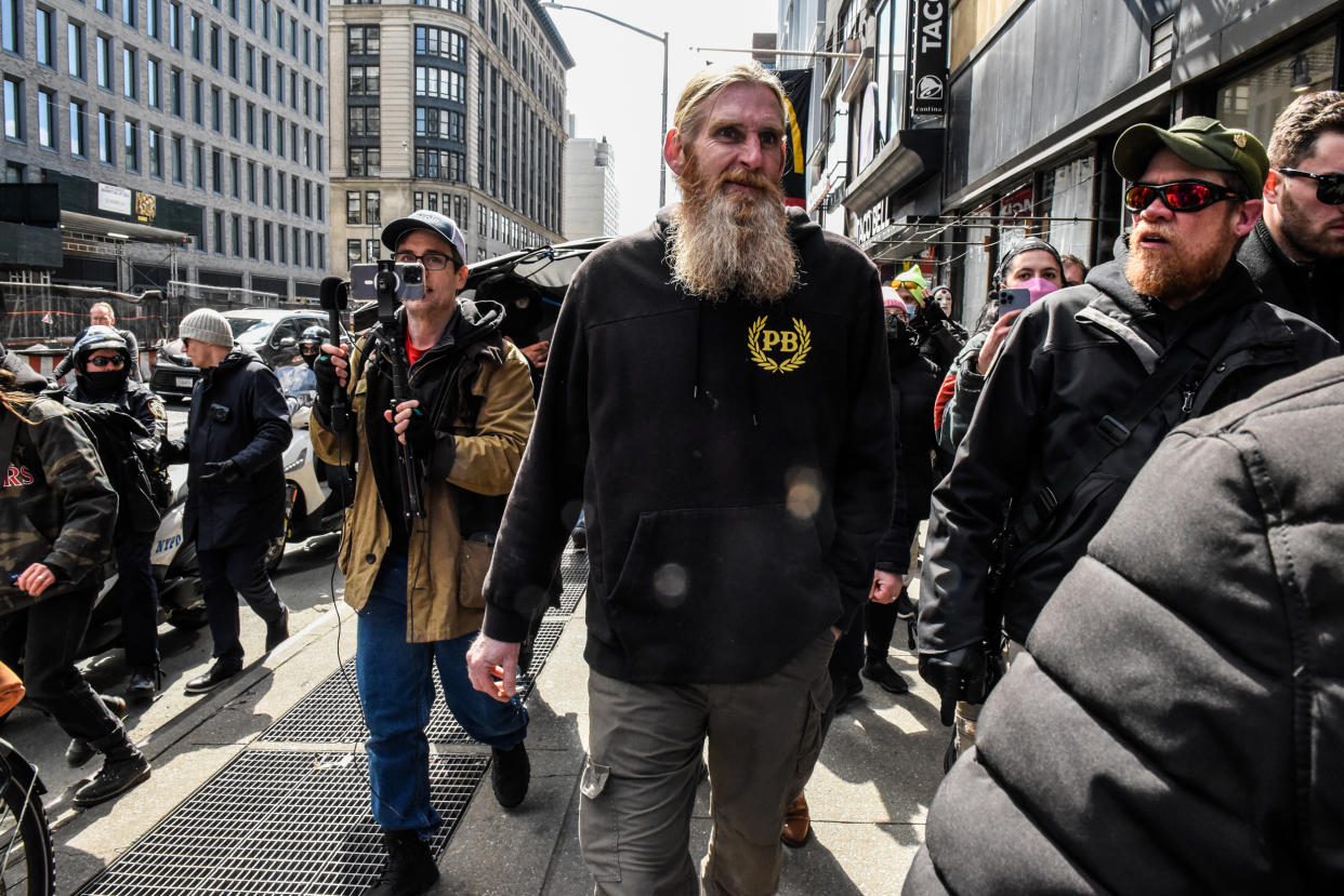 Members of the Proud Boys are escorted away by the police after protesting Drag Queen Story Hour in New York on March 19, 2023. (Stephanie Keith / Getty Images)