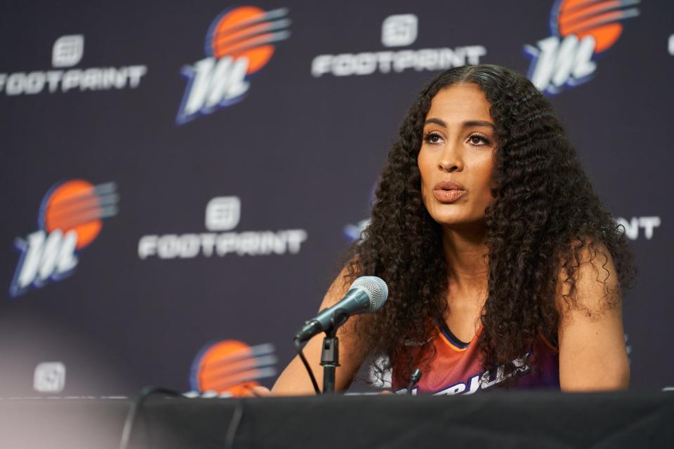 Apr 27, 2022; Phoenix, AZ, USA; Phoenix Mercury guard Skylar Diggins-Smith (4) speaks to the media during the Phoenix Mercury's first media day at Footprint Center.