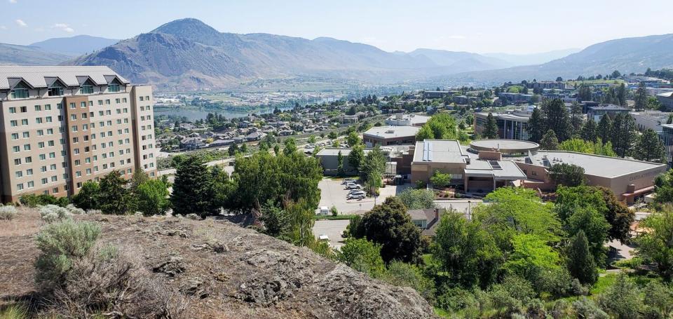 The city of Kamloops and the Thompson River University campus are seen in Kamloops, B.C., Friday, June 2, 2023. Mounties in B.C.'s southern Interior say they're investigating a multi-vehicle crash that killed one person who's been identified as a university student.