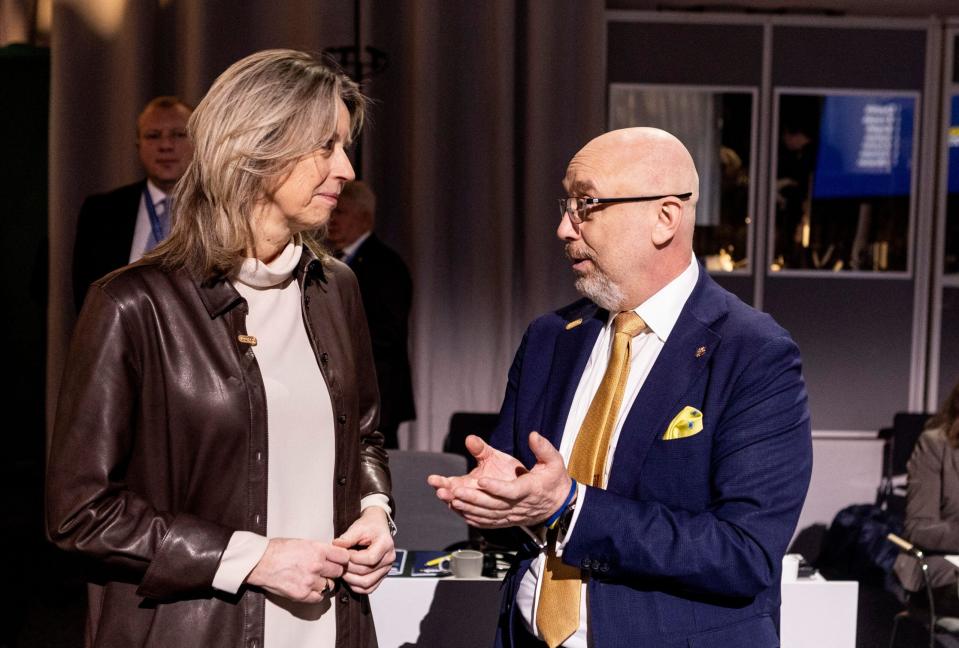 Kajsa Ollongren, the Dutch Minister of Defense, and Oleksiy Reznikov, her Ukrainian counterpart, talk during the informal meeting of EU defense ministers at the Scandinavian XPO in Marsta, outside Stockholm, on March 8, 2023. <em>Photo by CHRISTINE OLSSON/TT News Agency/AFP via Getty Images</em>