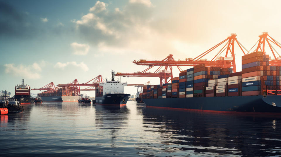 A processional line of imposing cargo ships in a large port, capturing the scope of the company's ocean transportation business.