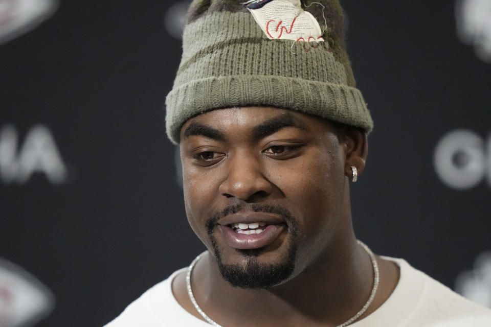 Kansas City Chiefs defensive tackle Chris Jones speaks following an NFL football game against the against the Cincinnati Bengals Sunday, Dec. 31, 2023, in Kansas City, Mo. The Chiefs won 25-17 to clinch the AFC West. (AP Photo/Charlie Riedel)