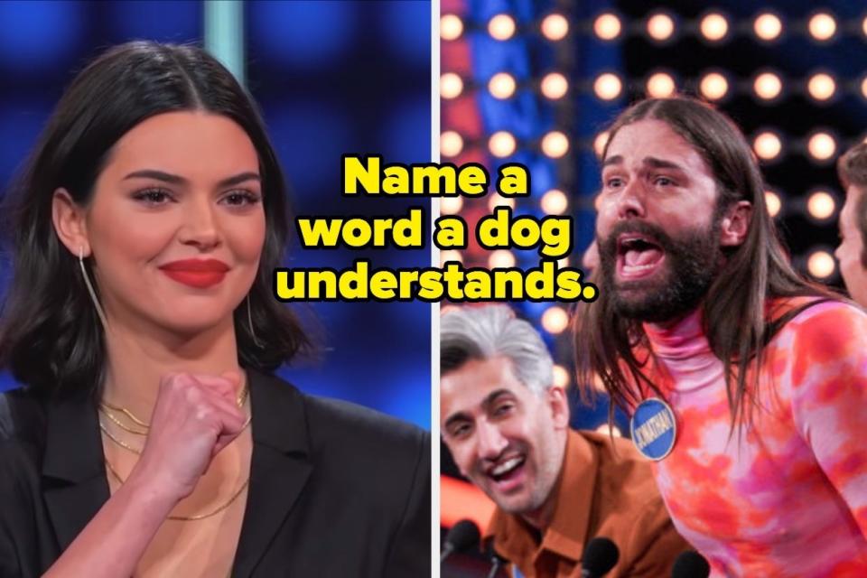 Kylie Jenner and Jonathan Van Ness with text, "Name a word a dog understands"