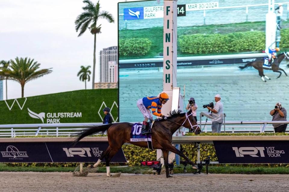 John R. Velazquez crosses the finish line atop ‘Fierceness’ #10 to place first during the 73rd running of the Florida Derby at Gulfstream Park in Hallandale, Florida, on Saturday, March 30, 2024.